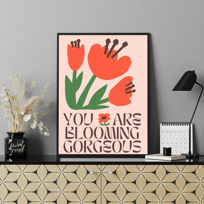 This vibrant digital illustration features stylized, blooming flowers in warm coral and deep green … for office