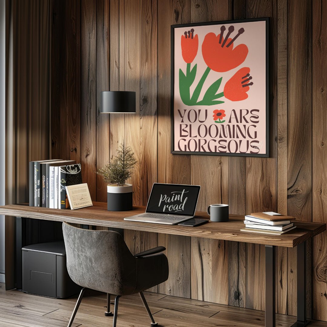 This vibrant digital illustration features stylized, blooming flowers in warm coral and deep green … for office