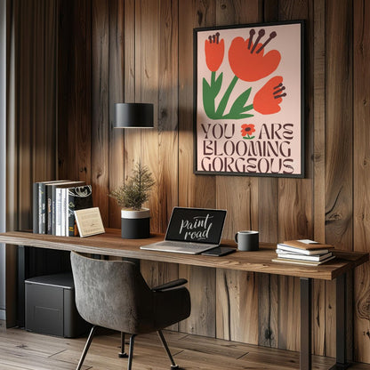 This vibrant digital illustration features stylized, blooming flowers in warm coral and deep green … for office
