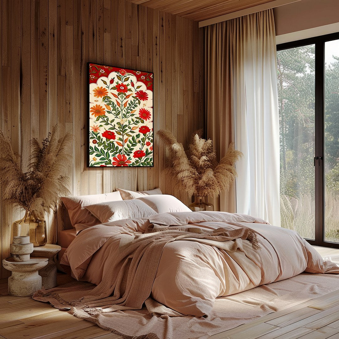 This exquisite artwork captures the timeless elegance of traditional floral motifs with a vibrant for Bedroom