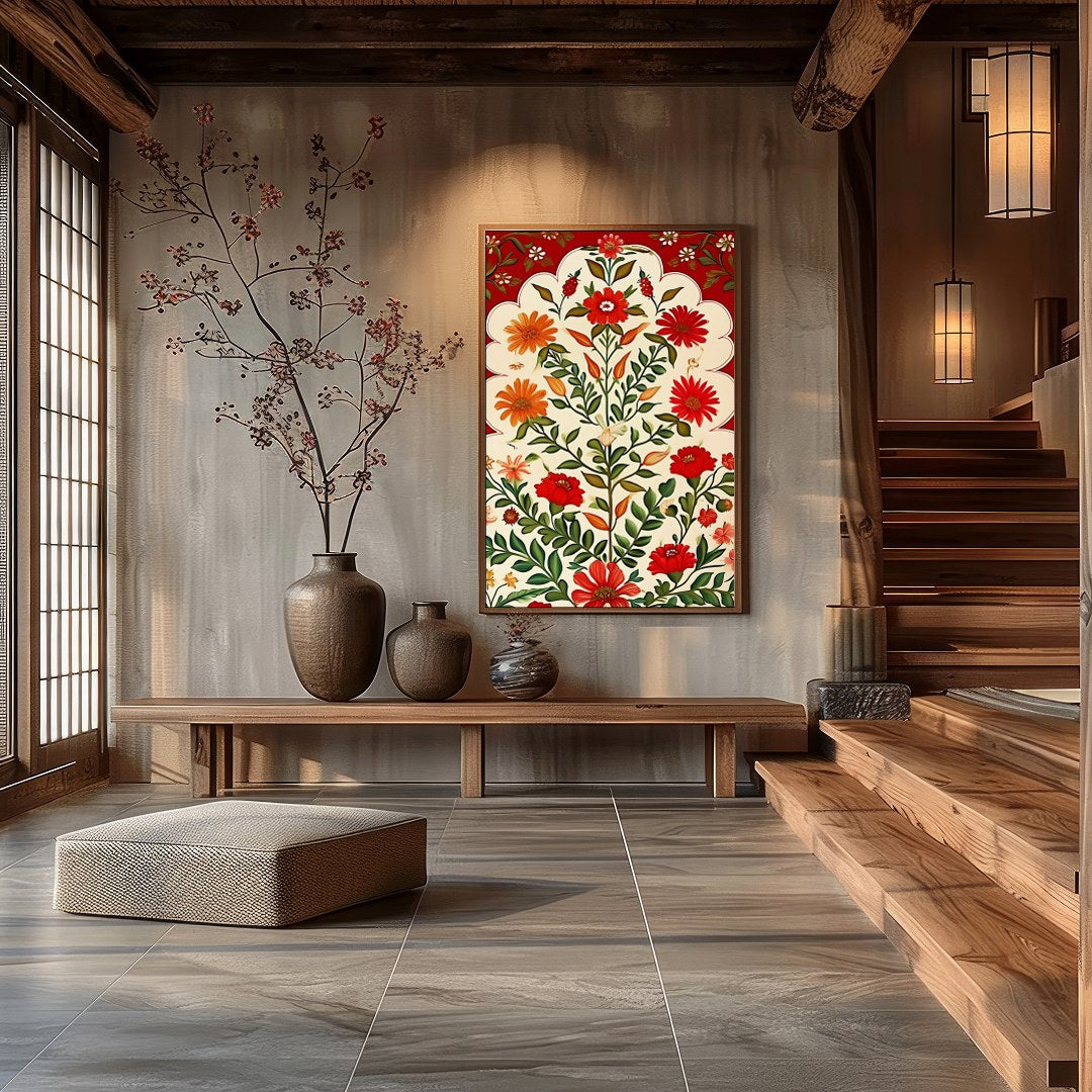 This exquisite artwork captures the timeless elegance of traditional floral motifs with a vibrant for Hall