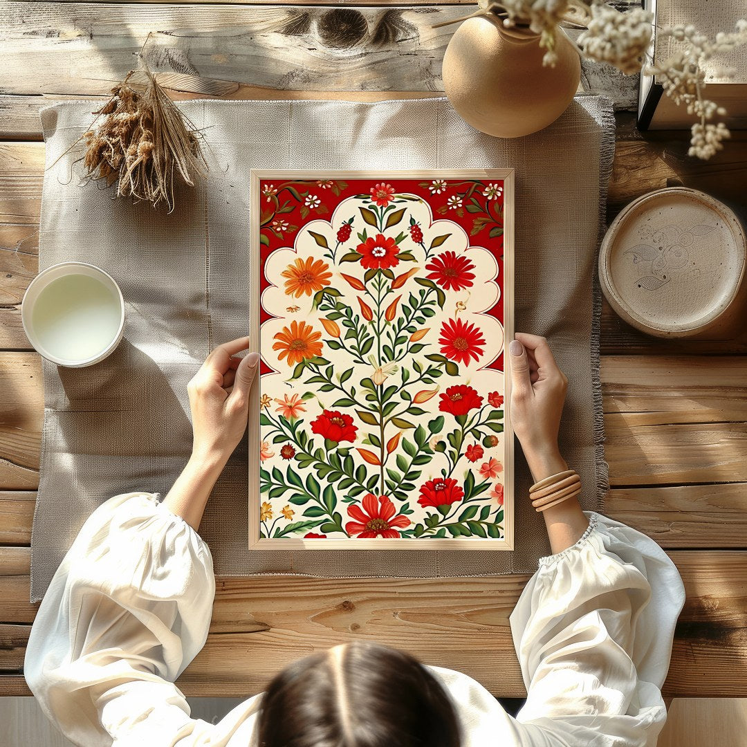 This exquisite artwork captures the timeless elegance of traditional floral motifs with a vibrant for Kitchen