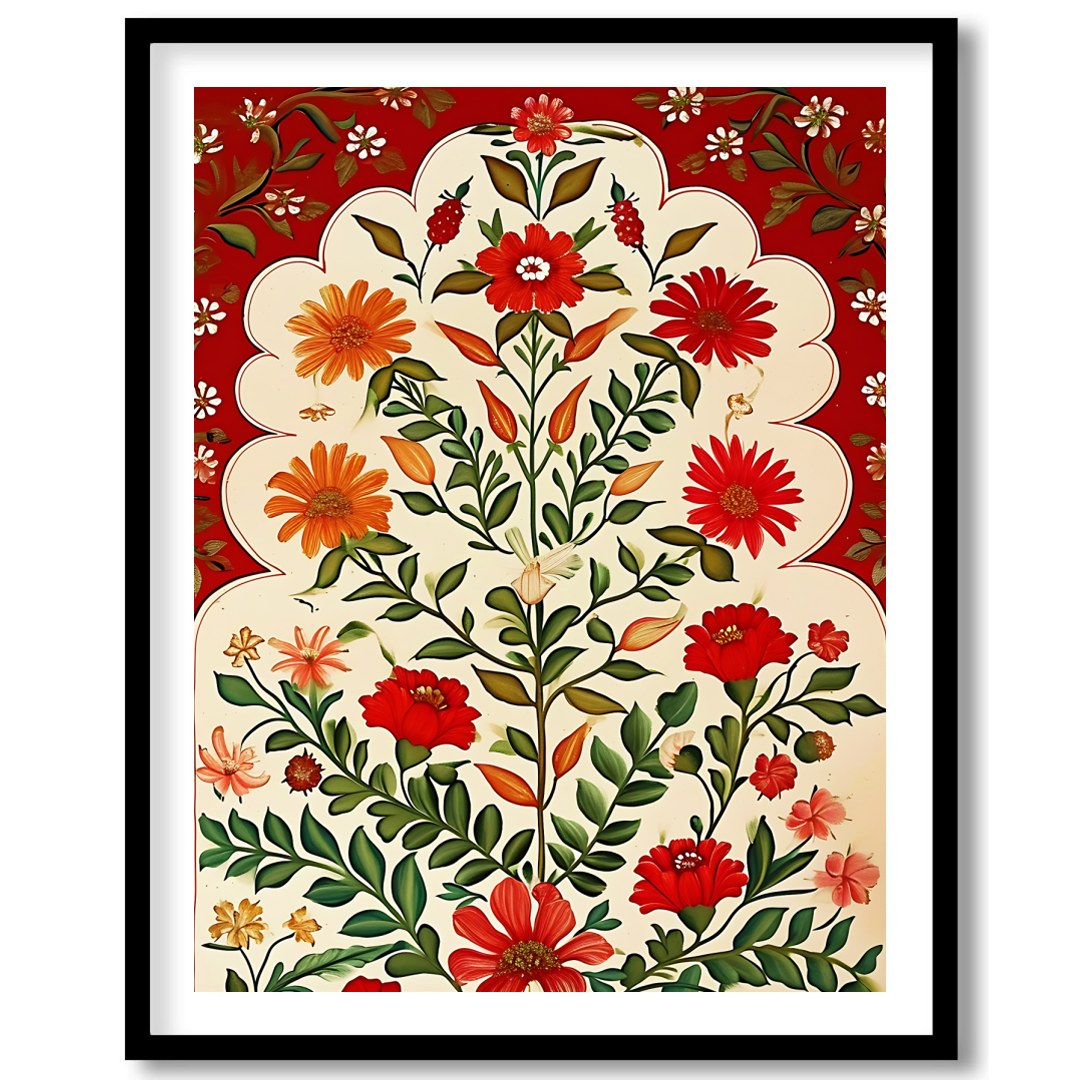 This exquisite artwork captures the timeless elegance of traditional floral motifs with a vibrant for retreat