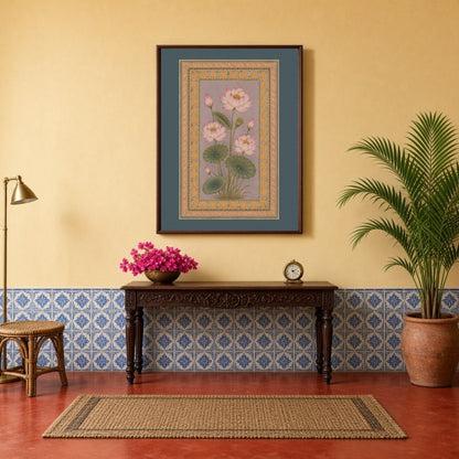 Immerse yourself in the delicate beauty of this Indo-Mughal botanical artwork, showcasing soft pink for Hallway