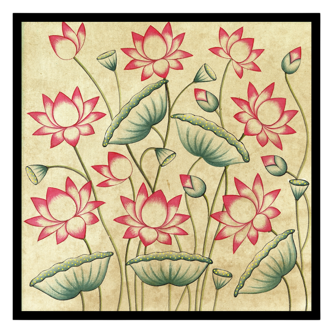 Immerse yourself in the serene beauty of 'Blooming Lotus Symphony,' a captivating Pichwai art for abode