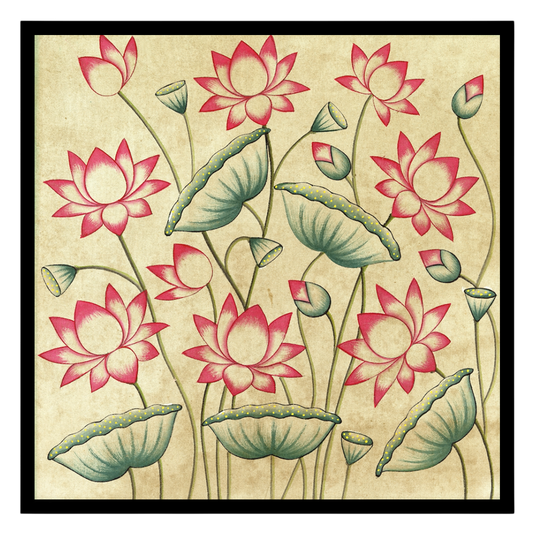 Immerse yourself in the serene beauty of 'Blooming Lotus Symphony,' a captivating Pichwai art for abode