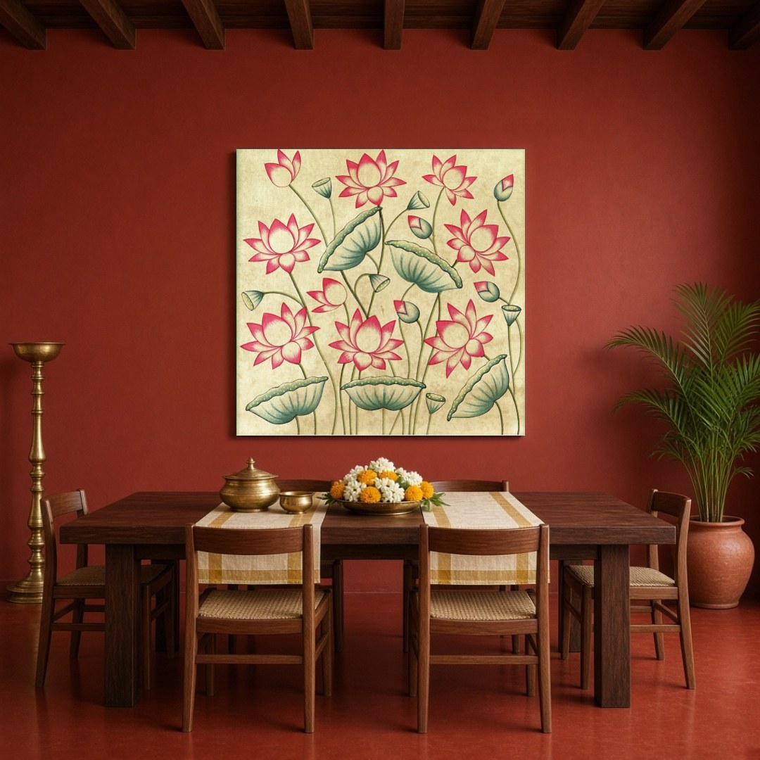 Immerse yourself in the serene beauty of 'Blooming Lotus Symphony,' a captivating Pichwai art for Dining