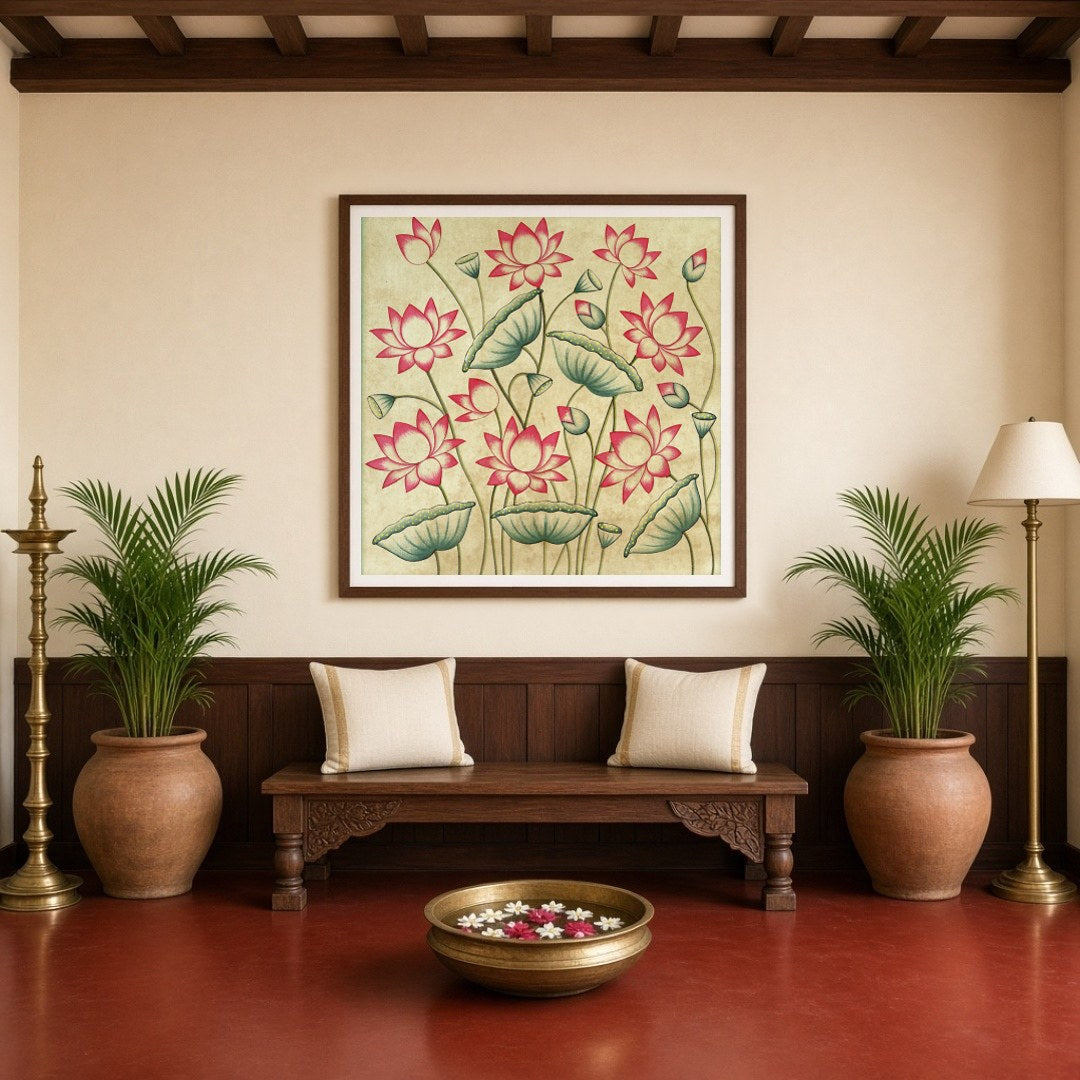 Immerse yourself in the serene beauty of 'Blooming Lotus Symphony,' a captivating Pichwai art for Entrance