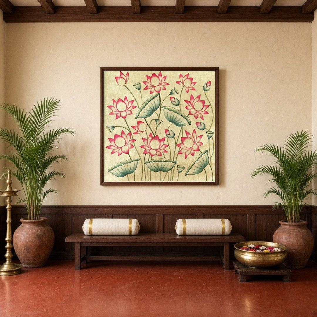 Immerse yourself in the serene beauty of 'Blooming Lotus Symphony,' a captivating Pichwai art for Hallway