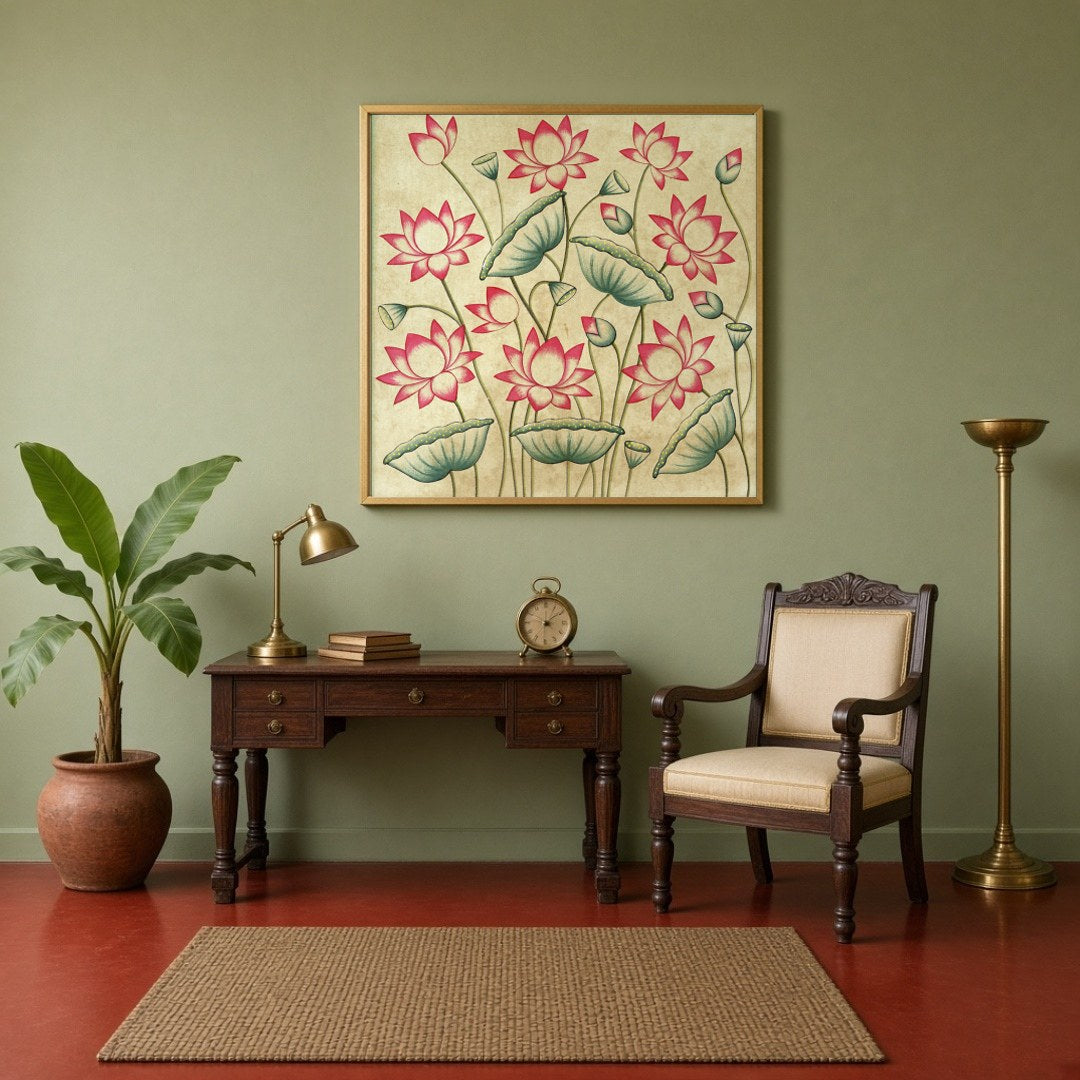 Immerse yourself in the serene beauty of 'Blooming Lotus Symphony,' a captivating Pichwai art for Study