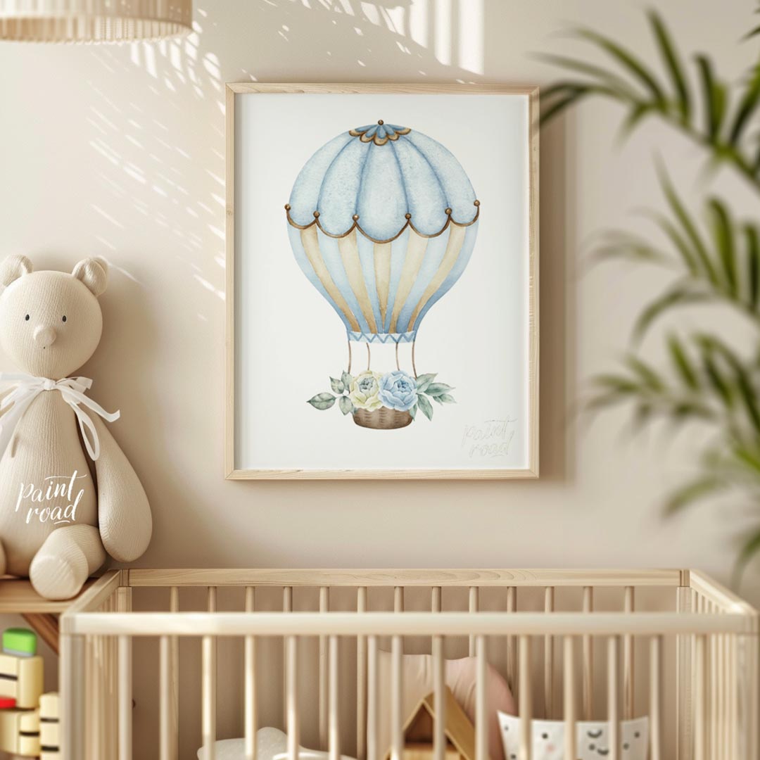 This charming artwork features a vintage-style hot air balloon delicately illustrated in soft beige… for nursery