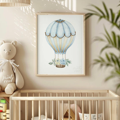 This charming artwork features a vintage-style hot air balloon delicately illustrated in soft beige… for nursery