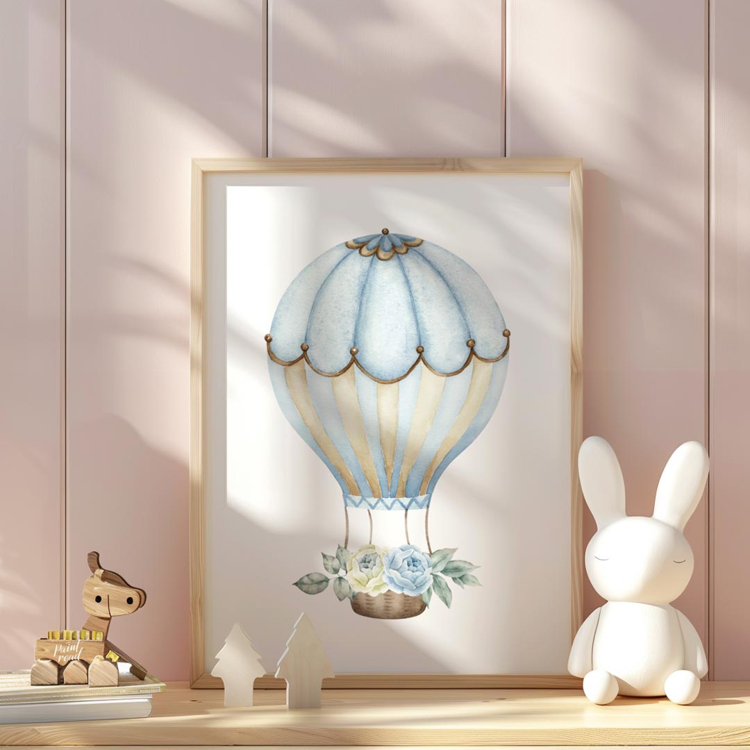 This charming artwork features a vintage-style hot air balloon delicately illustrated in soft beige… for nursery