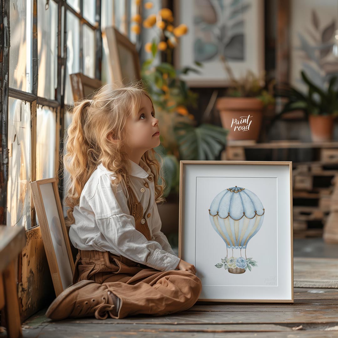 This charming artwork features a vintage-style hot air balloon delicately illustrated in soft beige… for other