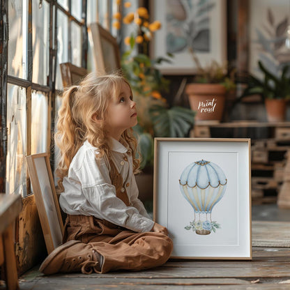 This charming artwork features a vintage-style hot air balloon delicately illustrated in soft beige… for other