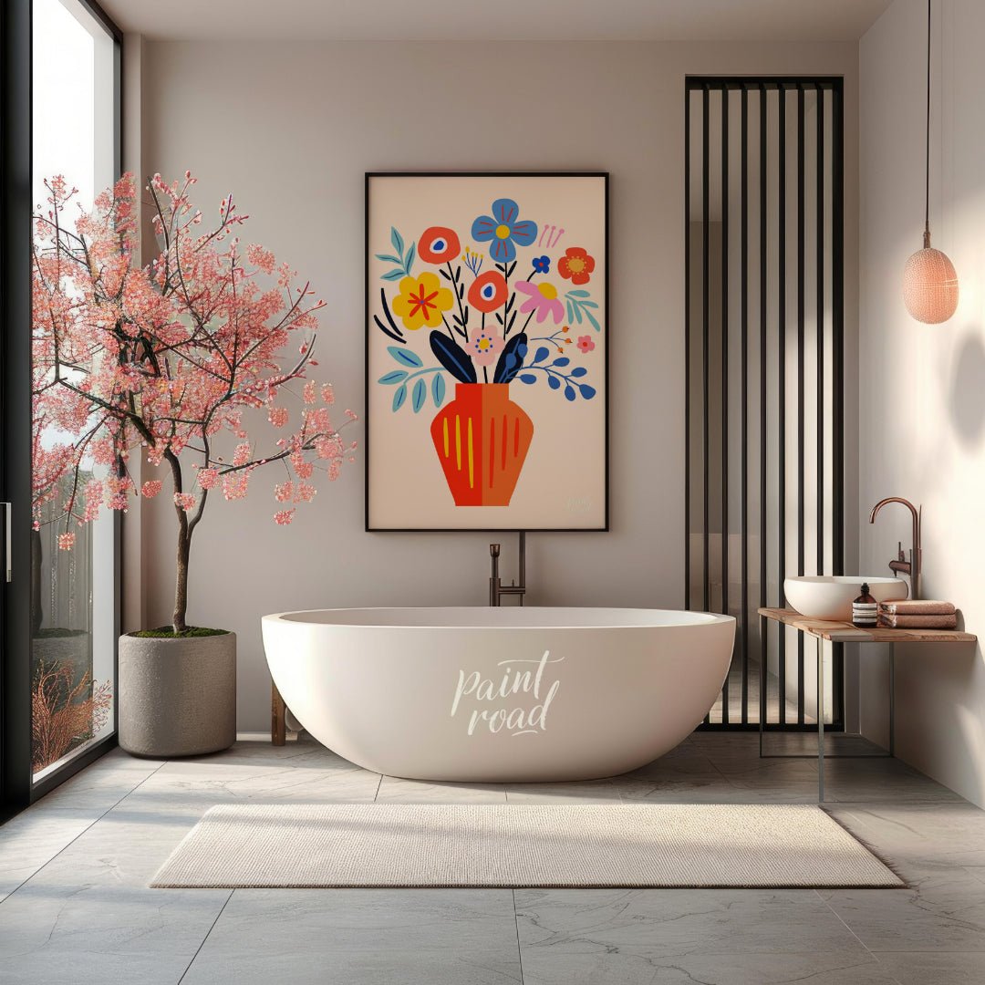 This cheerful digital illustration features a vibrant bouquet of stylized flowers in a striking ora… for bathroom