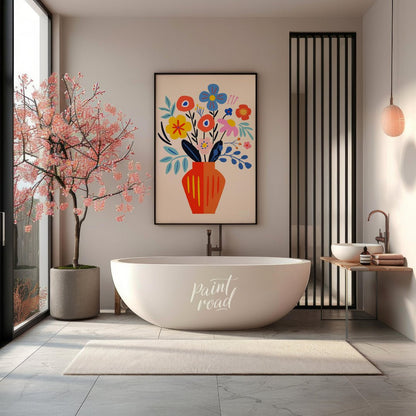 This cheerful digital illustration features a vibrant bouquet of stylized flowers in a striking ora… for bathroom