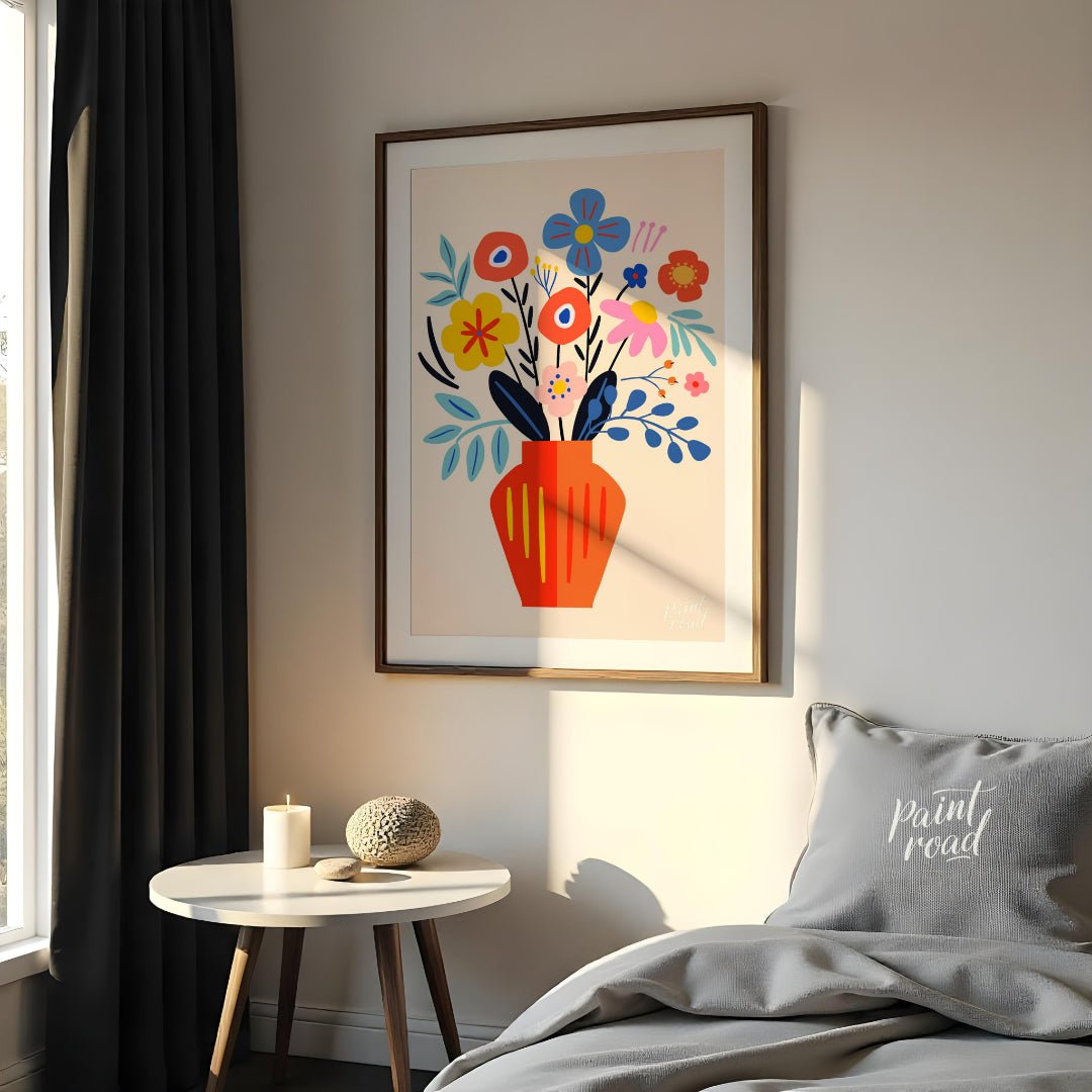 This cheerful digital illustration features a vibrant bouquet of stylized flowers in a striking ora… for bedroom