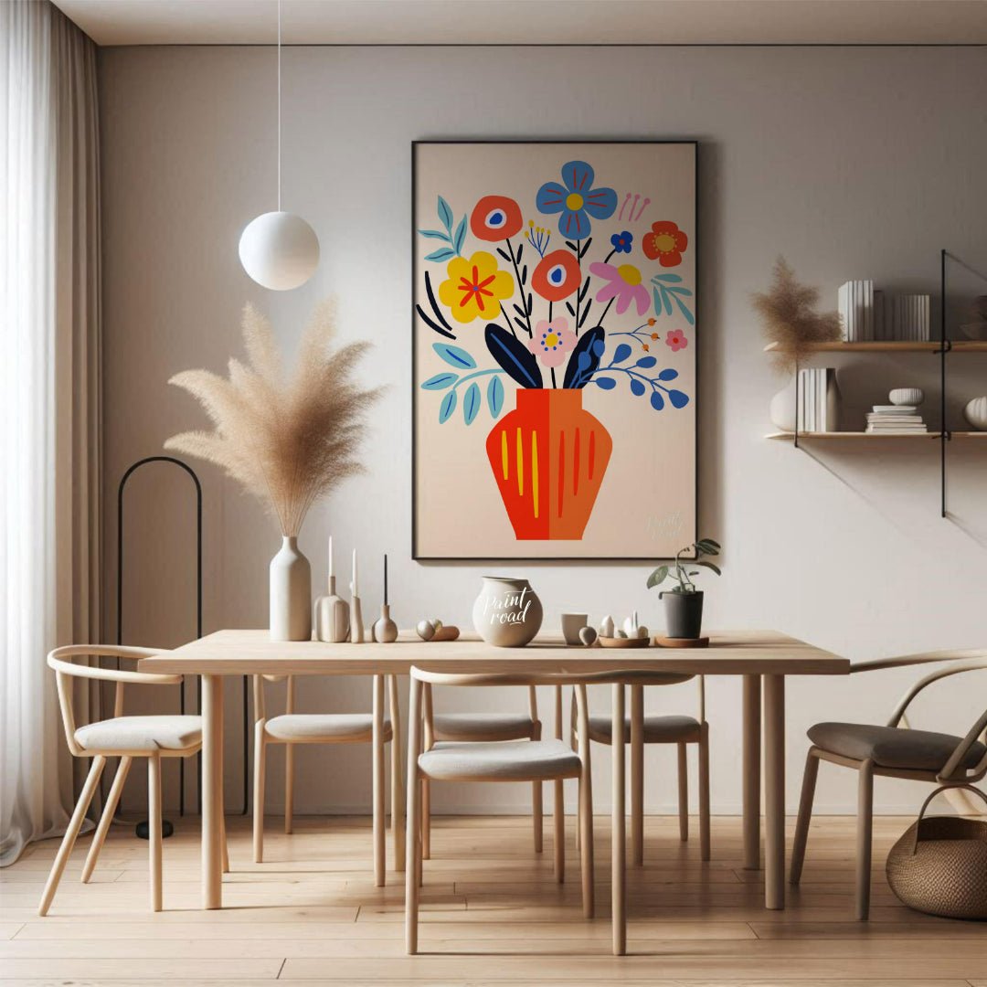 This cheerful digital illustration features a vibrant bouquet of stylized flowers in a striking ora… for dining room