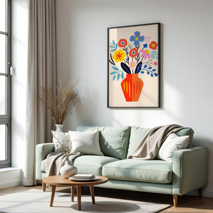 This cheerful digital illustration features a vibrant bouquet of stylized flowers in a striking ora… for living room