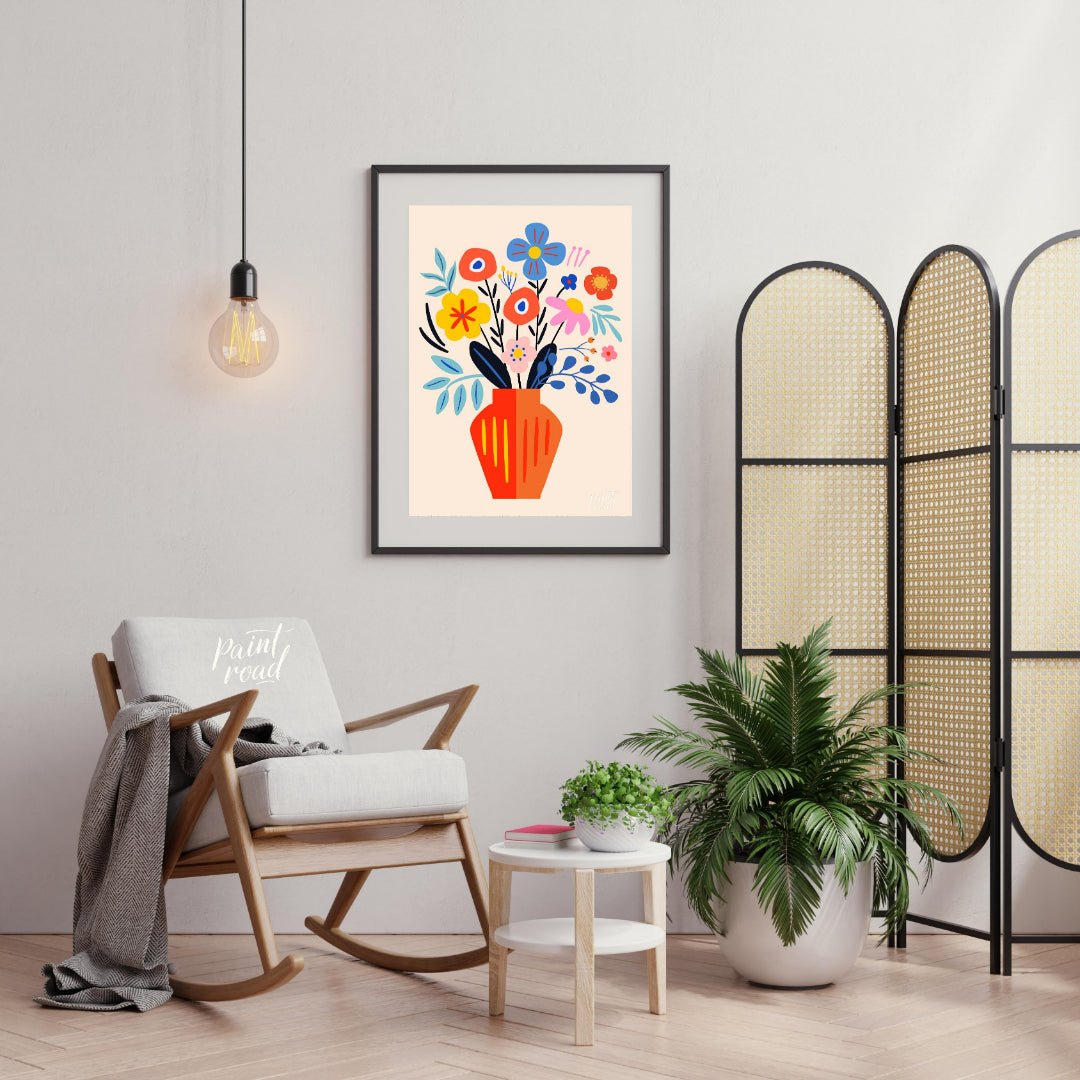 This cheerful digital illustration features a vibrant bouquet of stylized flowers in a striking ora… for living room