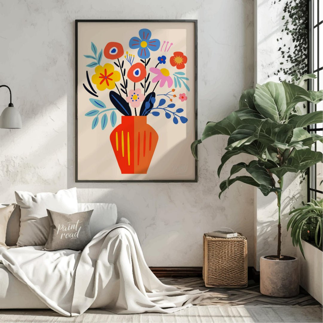 This cheerful digital illustration features a vibrant bouquet of stylized flowers in a striking ora… for living room
