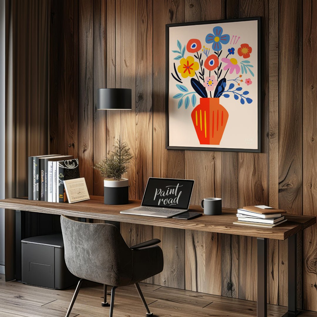 This cheerful digital illustration features a vibrant bouquet of stylized flowers in a striking ora… for office