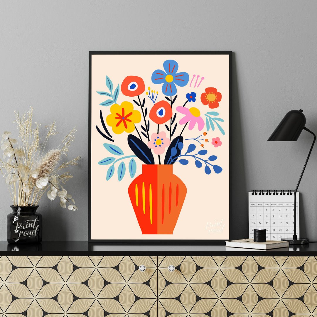 This cheerful digital illustration features a vibrant bouquet of stylized flowers in a striking ora… for office