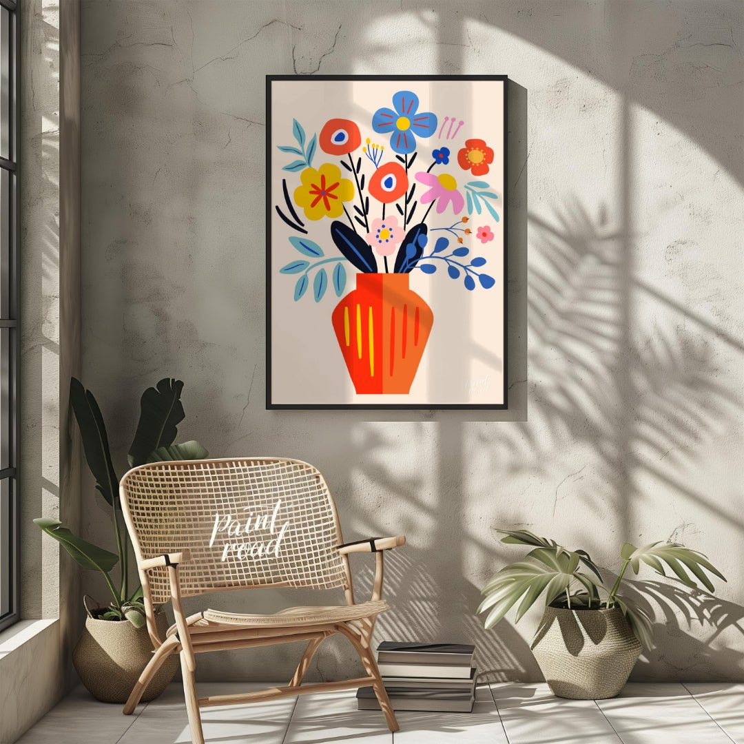This cheerful digital illustration features a vibrant bouquet of stylized flowers in a striking ora… for other
