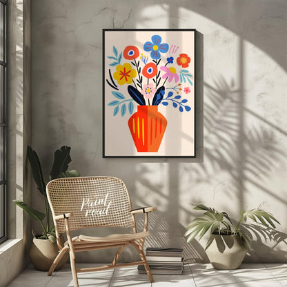 This cheerful digital illustration features a vibrant bouquet of stylized flowers in a striking ora… for other