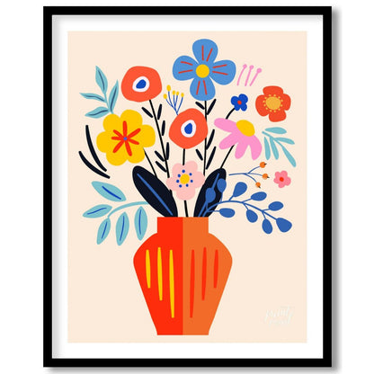 This cheerful digital illustration features a vibrant bouquet of stylized flowers in a striking ora… for room
