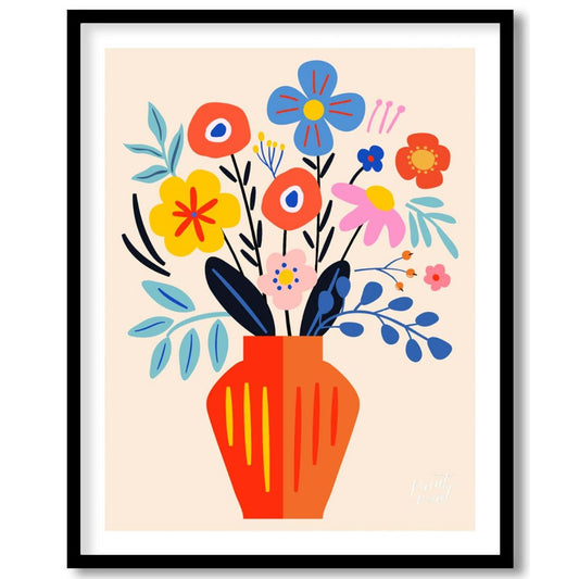 This cheerful digital illustration features a vibrant bouquet of stylized flowers in a striking ora… for room