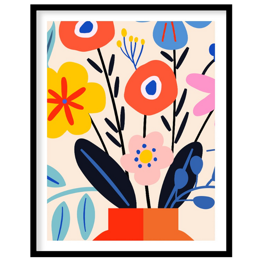 This cheerful digital illustration features a vibrant bouquet of stylized flowers in a striking ora… for room