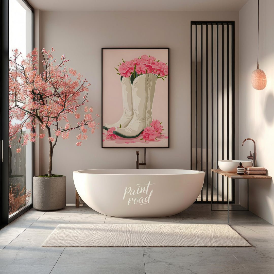 This charming digital illustration features a pair of white cowboy boots overflowing with vibrant p… for bathroom