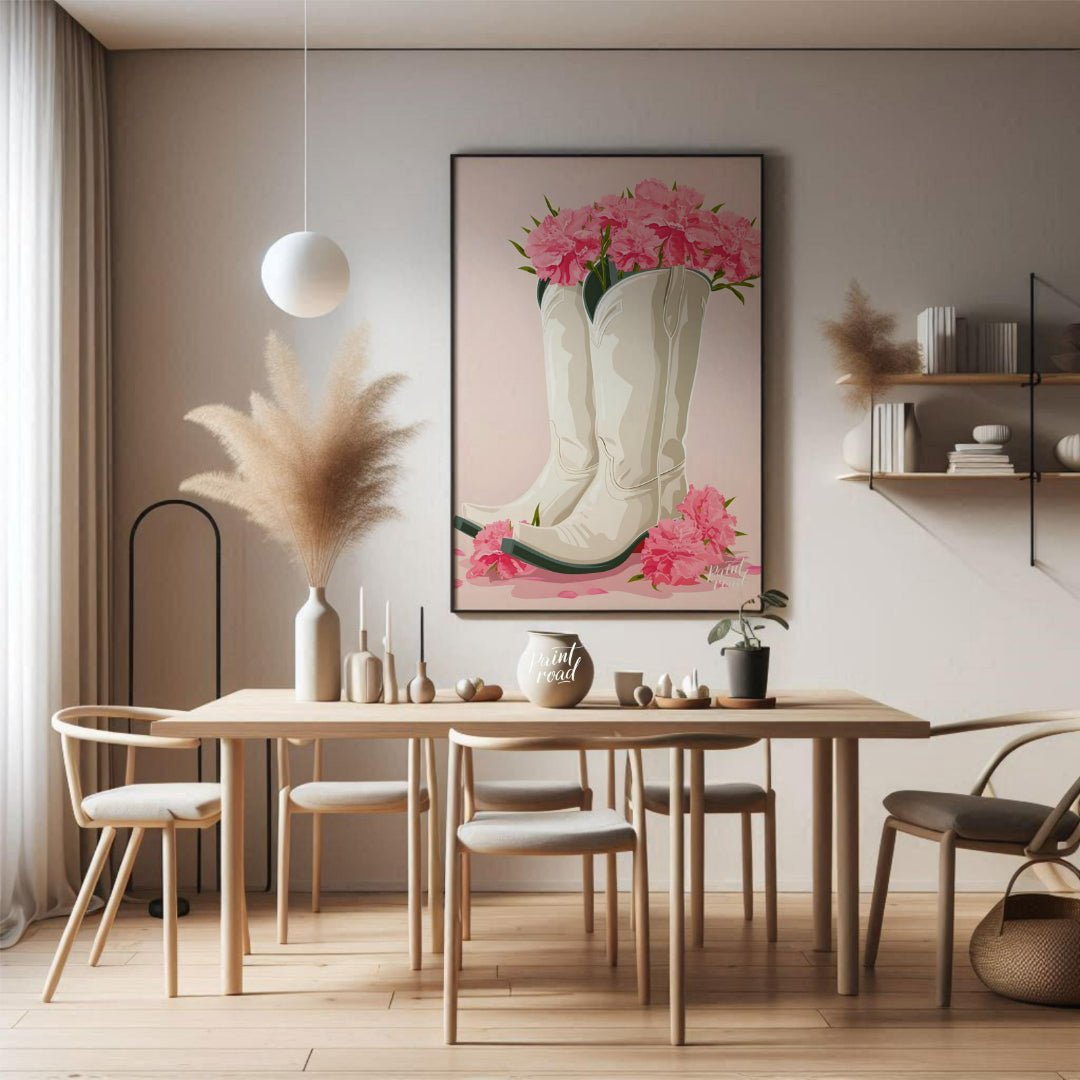 This charming digital illustration features a pair of white cowboy boots overflowing with vibrant p… for dining room