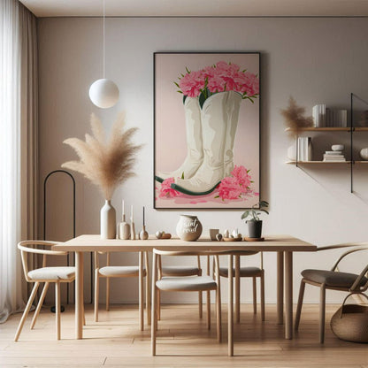This charming digital illustration features a pair of white cowboy boots overflowing with vibrant p… for dining room