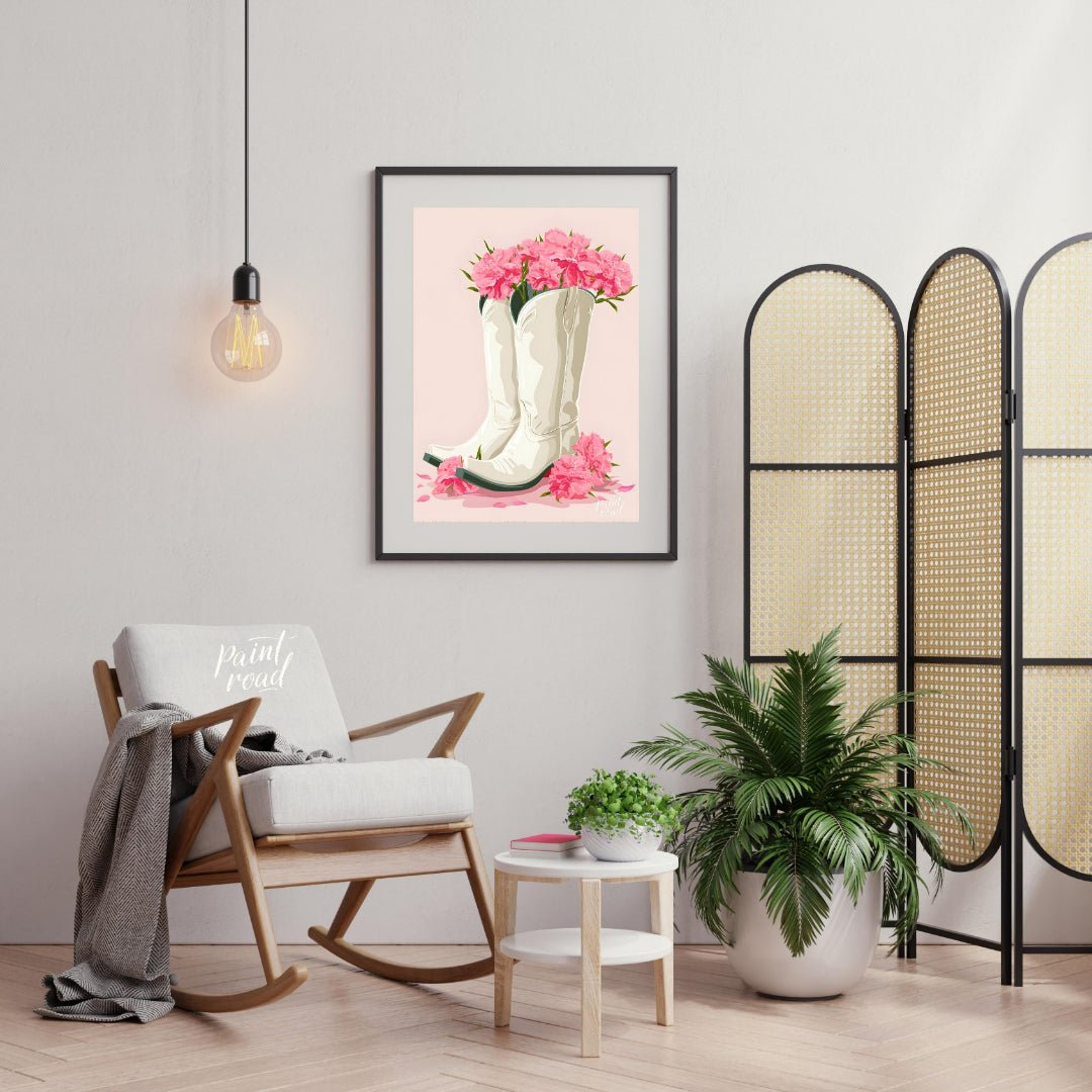 This charming digital illustration features a pair of white cowboy boots overflowing with vibrant p… for living room