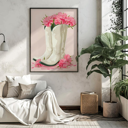 This charming digital illustration features a pair of white cowboy boots overflowing with vibrant p… for living room