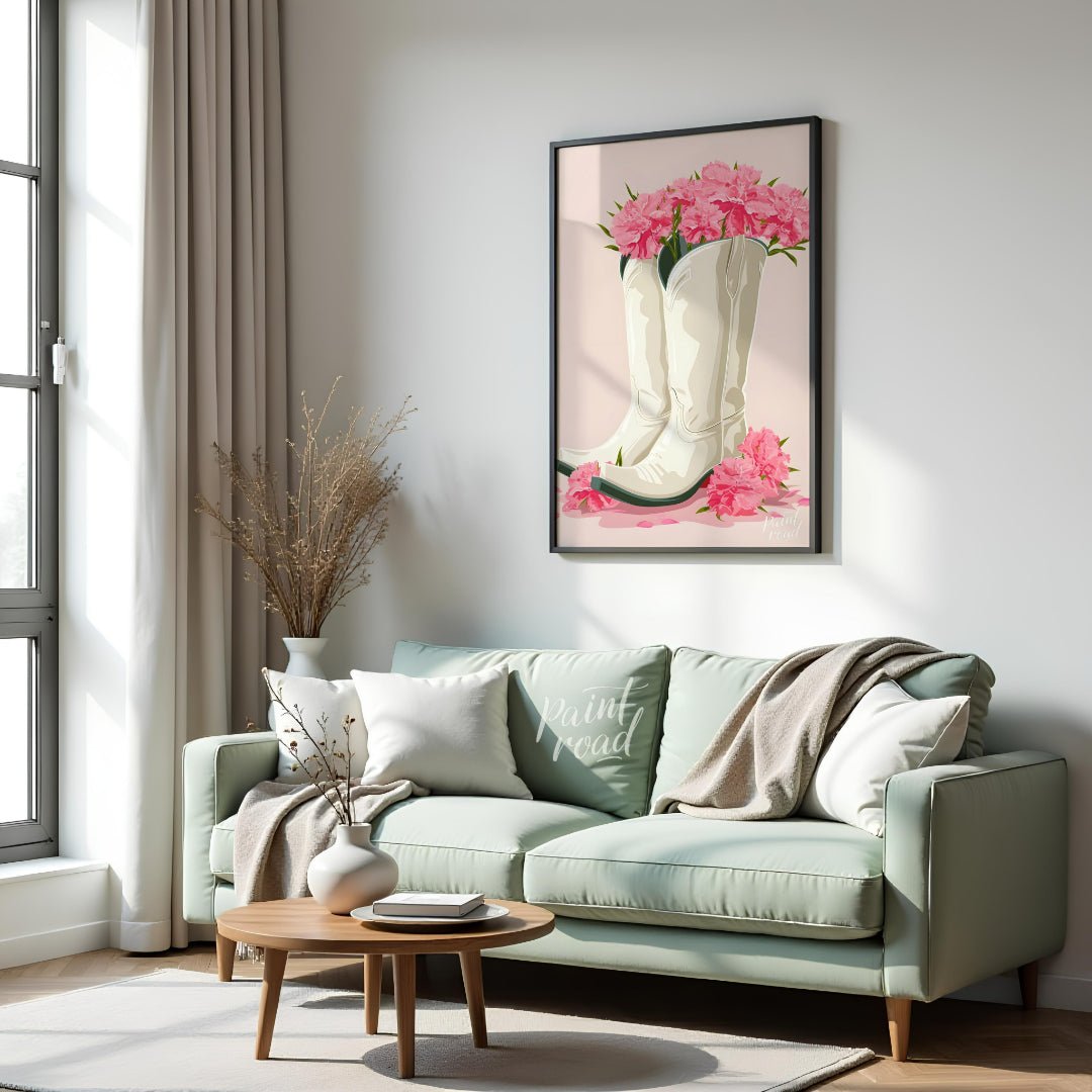 This charming digital illustration features a pair of white cowboy boots overflowing with vibrant p… for living room
