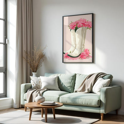 This charming digital illustration features a pair of white cowboy boots overflowing with vibrant p… for living room
