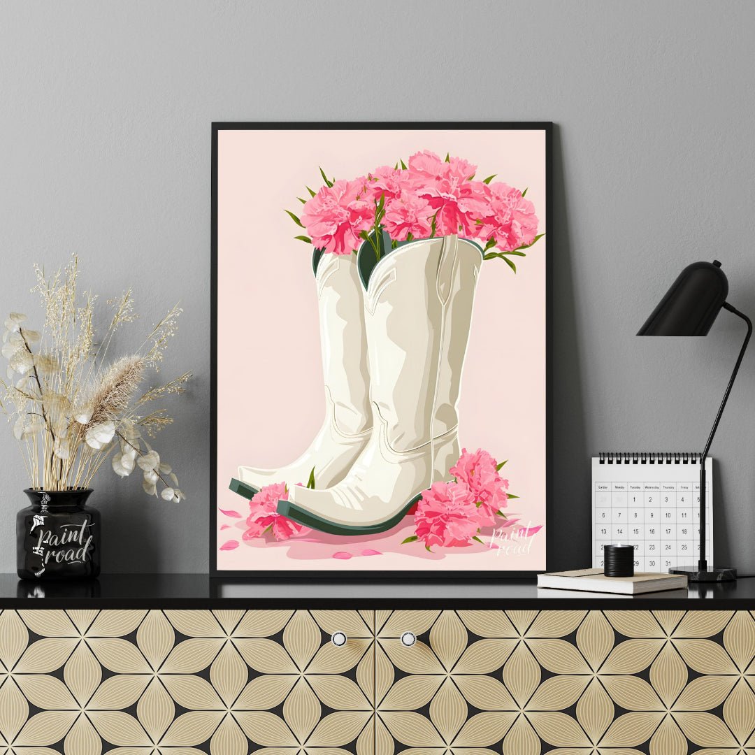 This charming digital illustration features a pair of white cowboy boots overflowing with vibrant p… for office