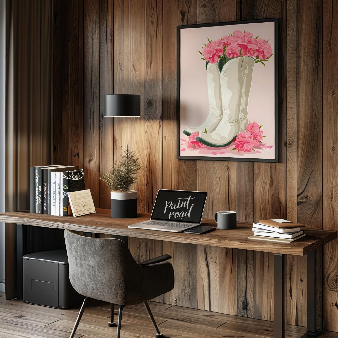 This charming digital illustration features a pair of white cowboy boots overflowing with vibrant p… for office