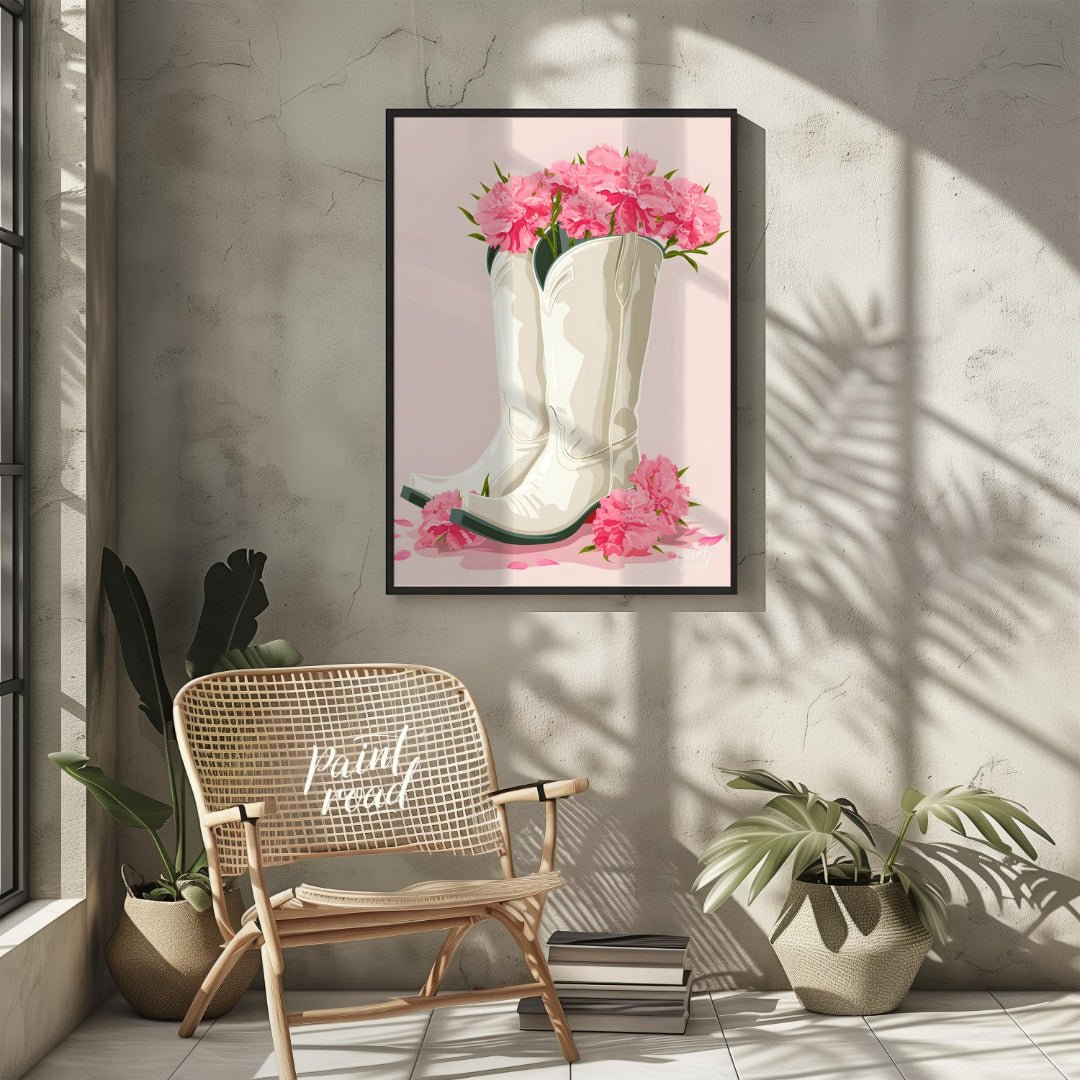 This charming digital illustration features a pair of white cowboy boots overflowing with vibrant p… for other