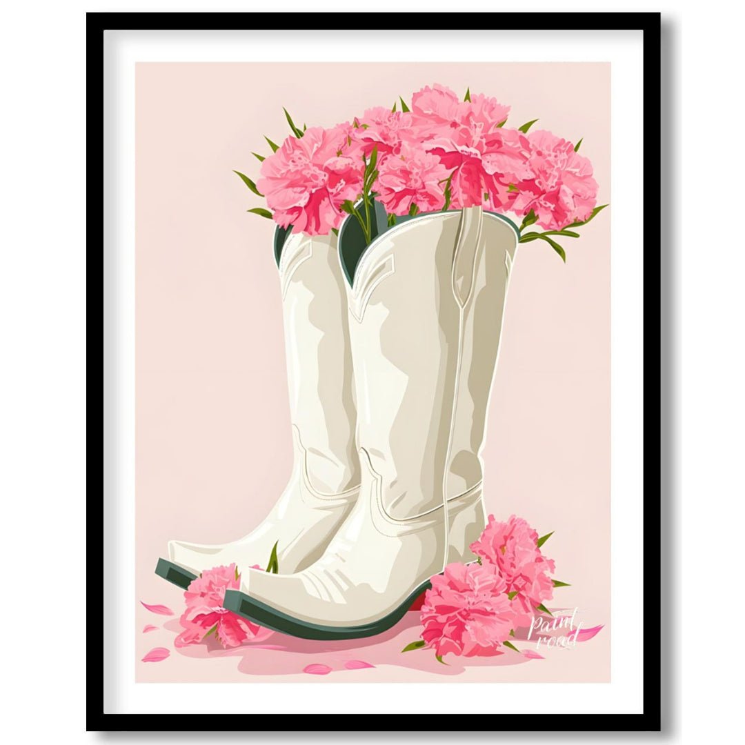 This charming digital illustration features a pair of white cowboy boots overflowing with vibrant p… for space