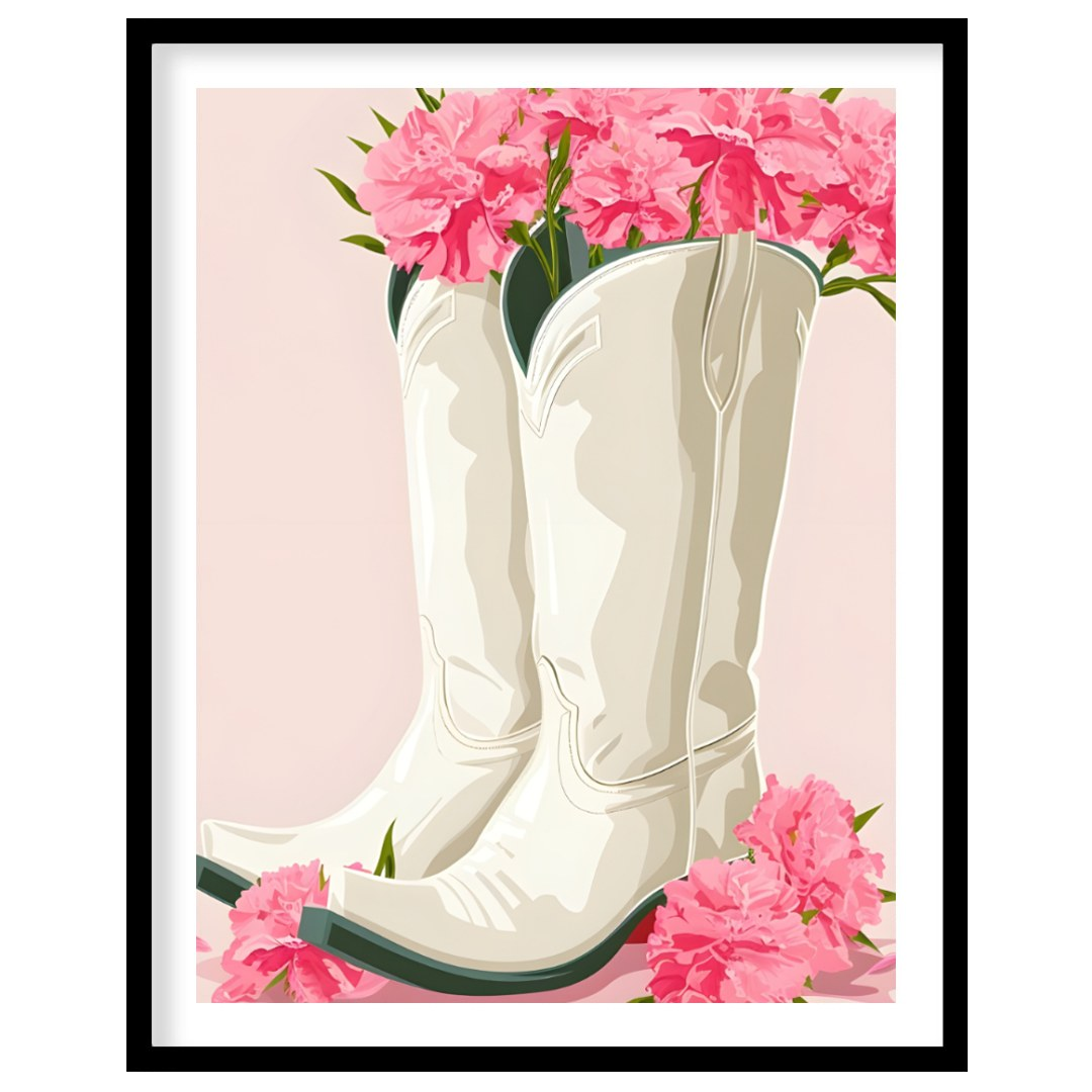 This charming digital illustration features a pair of white cowboy boots overflowing with vibrant p… for space