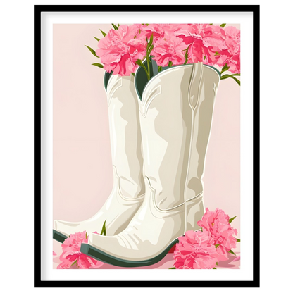 This charming digital illustration features a pair of white cowboy boots overflowing with vibrant p… for space
