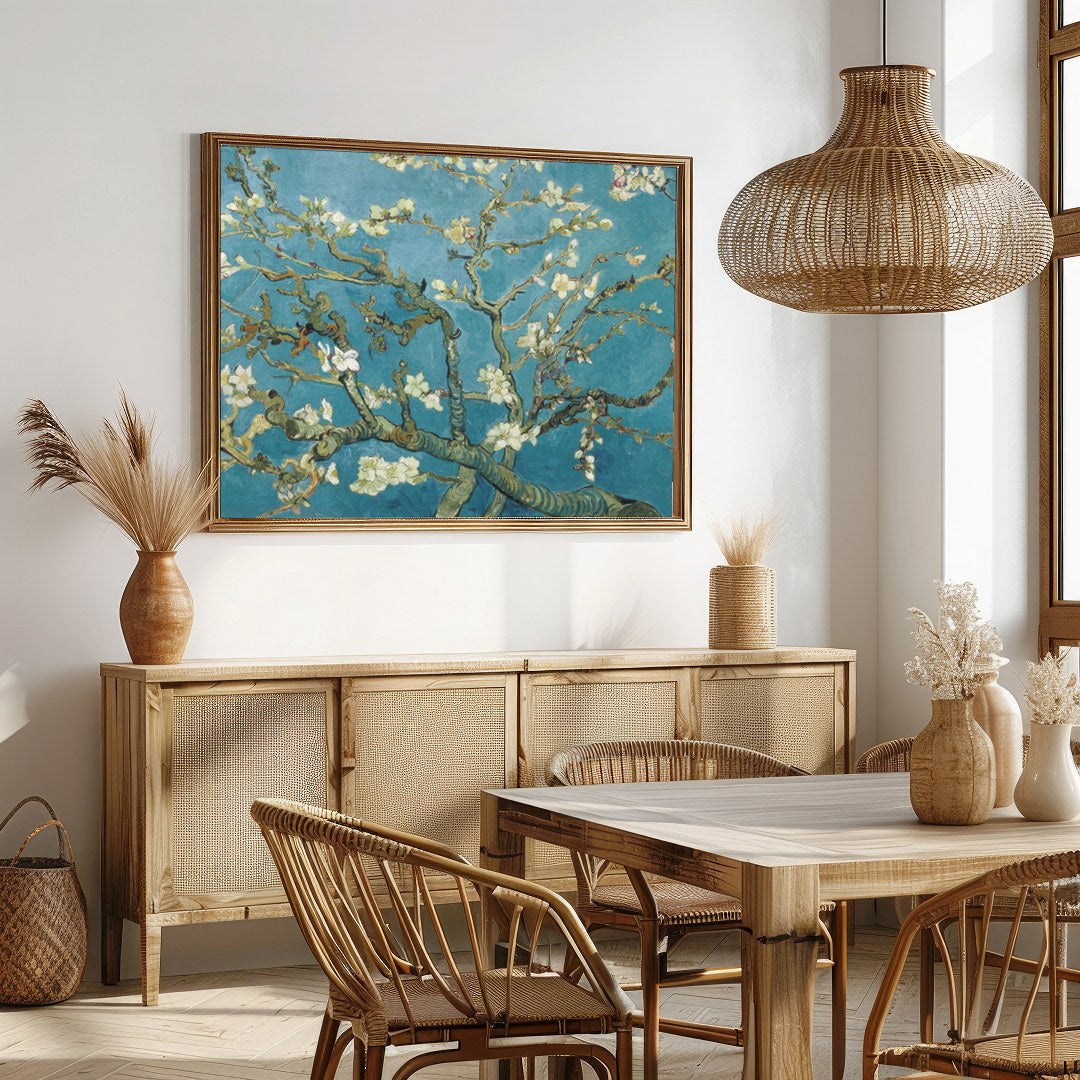 This captivating artwork captures the serene beauty of a blossoming almond tree against a vibrant for Dining