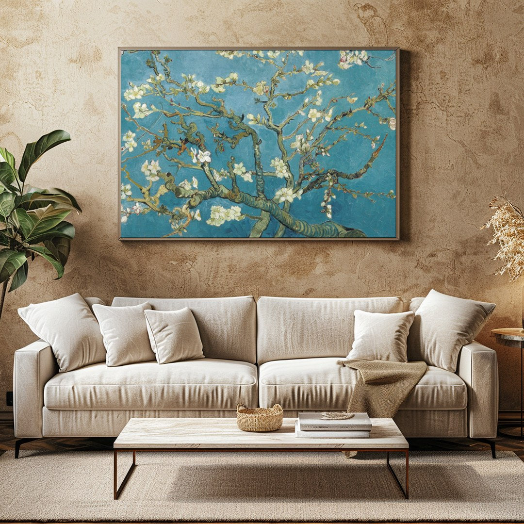 This captivating artwork captures the serene beauty of a blossoming almond tree against a vibrant for Family Room