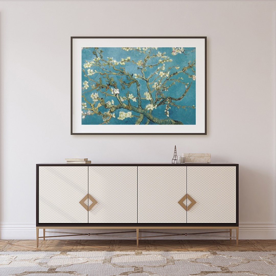 This captivating artwork captures the serene beauty of a blossoming almond tree against a vibrant for Foyer