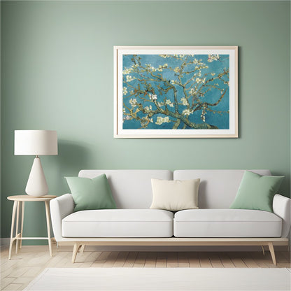 This captivating artwork captures the serene beauty of a blossoming almond tree against a vibrant for Hall